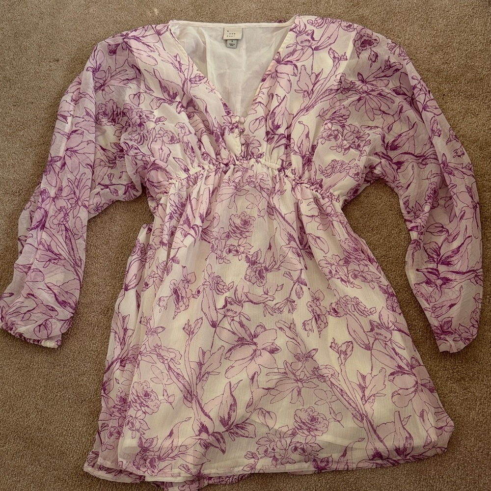 a new day Cream and Purple Floral V-Neck Long Sleeve Dress
